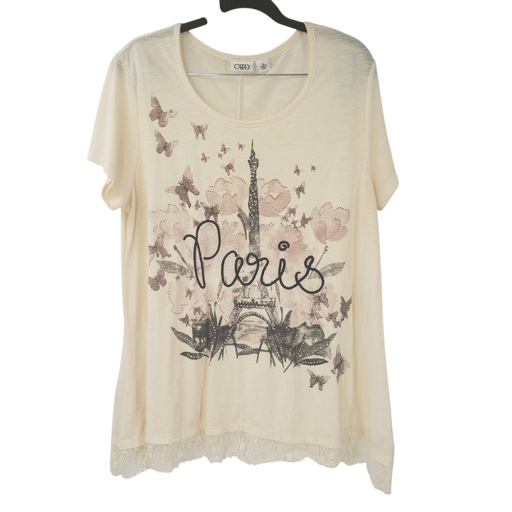 CATO Paris Short Sleeve Lace Trim Semi-Sheer Top Womens Size Extra Large XL